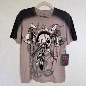 Konquest Shirt Mens Medium Skull Metallic Feather Warrior Tee Tshirt Y2K Grunge